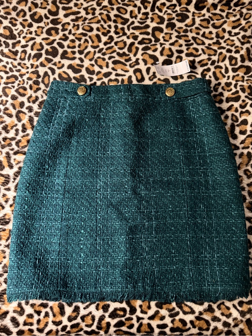 White House Black Market Teal Tweed Mini Skirt with Gold Buttons